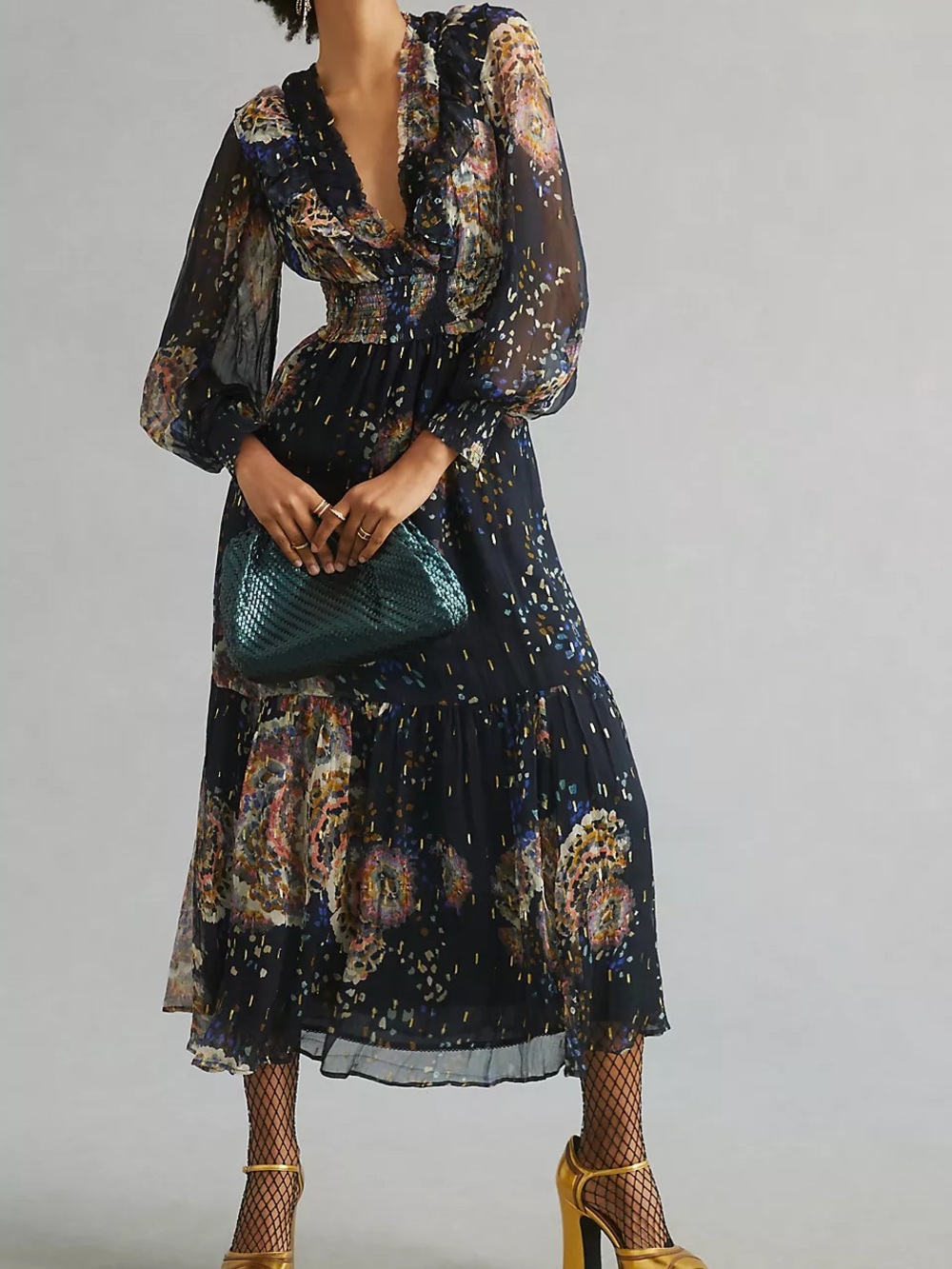 NWT Anthropologie Ruffle V-Neck Long-Sleeve Midi Dress